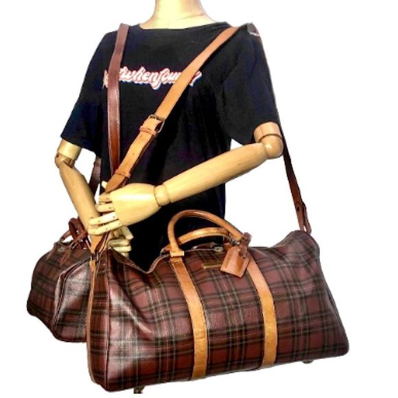 W RALPH LAUREN Brown Green Tartan Plaid Boston Weekend Travel Duffle Bag Speedy - Picture 15 of 15